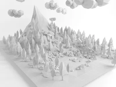 Low poly lanscape mountain hill tree lake and other items Low-poly 3D model
