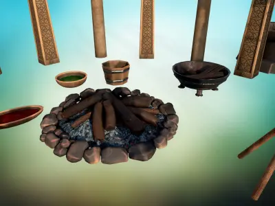 Stylized ritual altar columns bonfire grave sacrificial knife  Low-poly 3D model