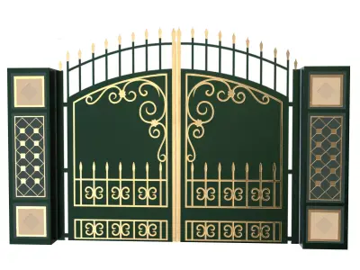 Green Ornamental Iron Gate 3D Model Low Poly PBR Gold Details Low-poly 3D model