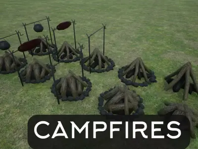 Lowpoly Campfires fire pit in middle of grassy field Low-poly 3D model