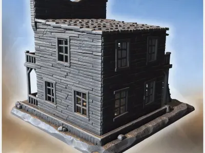Traditional saloon with double balcony wooden railings swinging  3D print model