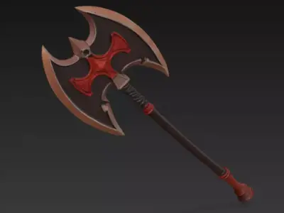 Warlord Double-Bladed Axe Fantasy Battle Axe Crimson Inlays Low-poly 3D model