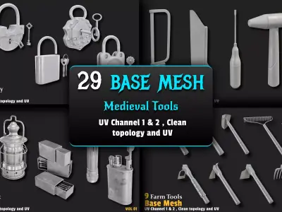 29 Medieval Tools Base Mesh Bundle 3D Model Pack