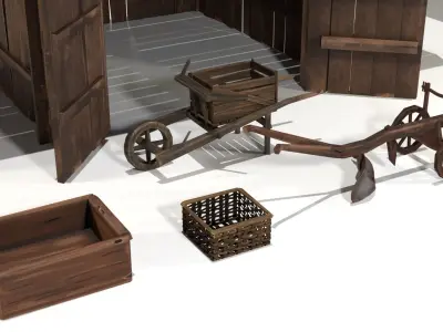 Hand painted medieval stylized farmhouse and farming tool thatch Low-poly 3D model