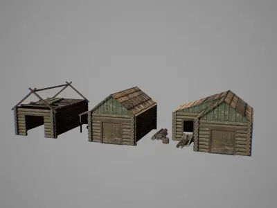 Sawmill three wooden huts Low-poly 3D model