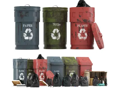 Garbage set trash cans and bags Low-poly 3D model