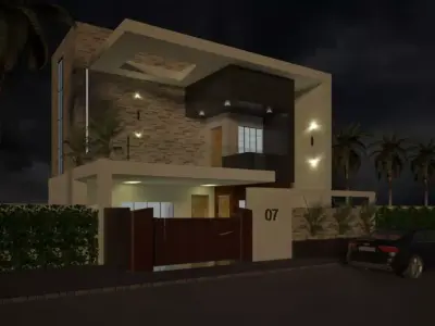 exterior modern house at night 3D model