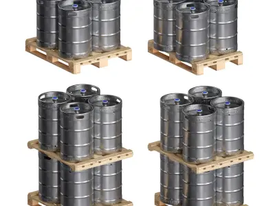 Metal kegs iron barrels on wooden pallets 3D model