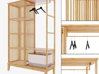wardrobe bamboo clothes rack with hooks and hangers 3D model