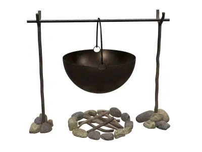 campfire cauldron with rocks and sticks 3D model