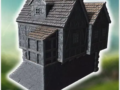 Elevated medieval house with stone steps wooden beams and large  3D print model