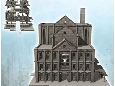 Large multi-storey brick factory on platforms with canopies and  3D print model
