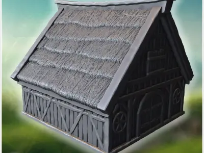 Medieval timber-framed house with thatched roof chimney and wood 3D print model
