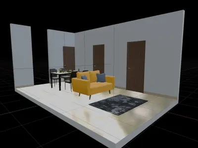 Isometric Living Dining Room With One Yellow Sofa 3D model