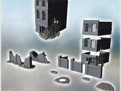 Ruined brick wall with collapsed roof sections and scattered deb 3D print model