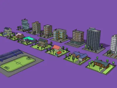 set of cartoon models of buildings Low-poly 3D model