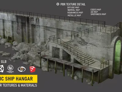 Abandoned Concrete Ship Hangar with Stairs and Sea Wall Low-poly 3D model