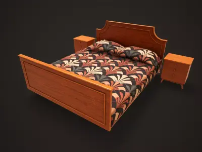 Retro double bed and nightstand Low-poly 3D model
