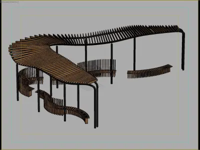 Modern Curved Wooden Pavilion with Seating for Outdoor Spaces 3D model