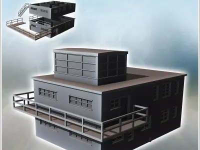 Modern flat-roofed building with observation balcony and multipl 3D print model