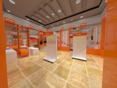 Showroom interior of store with orange furniture 3D model