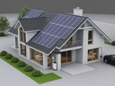Modern eco friendly suburban homes equipped with solar panels Low-poly 3D model