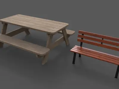 PBR Picnic Table Park Bench Low-poly 3D model