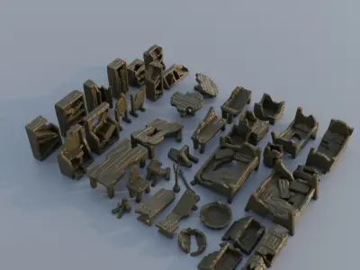 40 different Ruined Furniture Tabletop Scatter Terrain 28 mm 3D print model