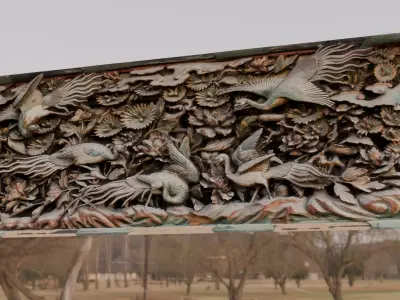 Japanese Ranma Wood Carving Cranes and Peonies Low-poly 3D model