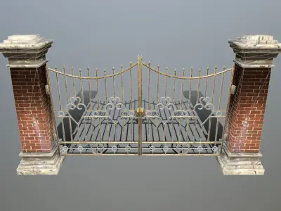 wall set brick with iron railings Low-poly 3D model