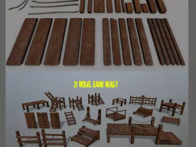 Wood and Rope set Low-poly 3D model