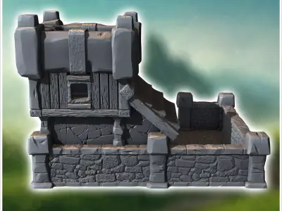 Medieval defense post with square stone tower low wall and tiled 3D print model