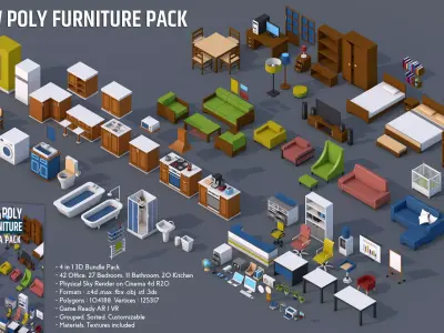 100 Low Poly Furniture Pack 4 in 1 Low-poly 3D model