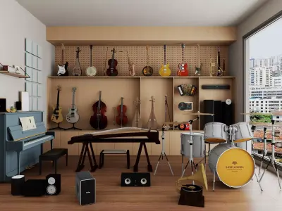 Music studio interior and instrument kit Low-poly 3D model