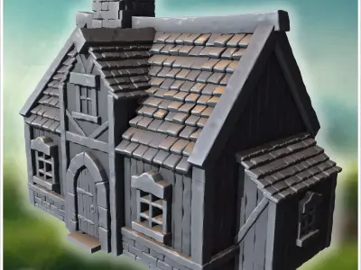 Small wooden cottage with stone foundation detailed shingled roo 3D print model