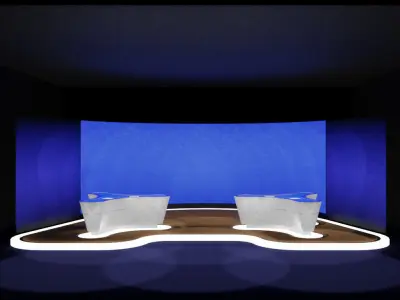 Blue studio with tables and canvas and lighting 3D model