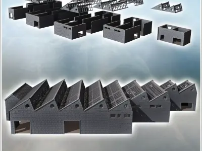 Large modern factory with glazed shed roof multiple accesses and 3D print model