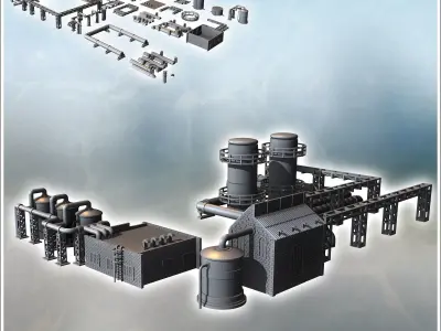 Modular industrial site set with large storage tanks pillars wit 3D print model
