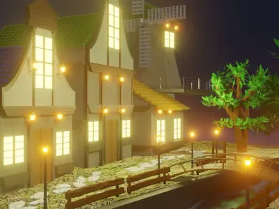 windy village Low-poly 3D model