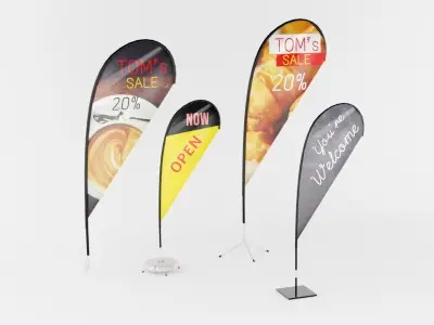 4 Types of advertising Teardrop flags banners restaurant scene 3D model