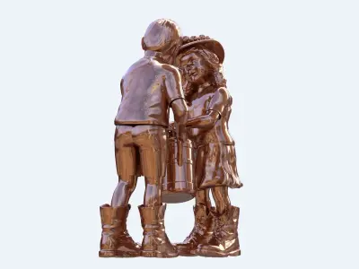 sculpture bronze statue of boy and girl holding bucket 3D model