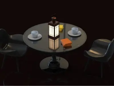 Tea Set table with chairs and lamp Low-poly 3D model
