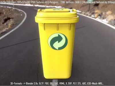 Yellow Plastic Waste Bin 240 Liters 1075x515x582 Low-poly 3D model