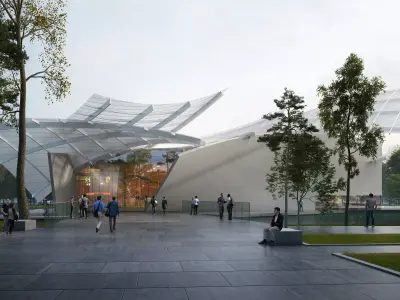 Sculptural Glass Landmark Pavilion on Reflective Water 3D model