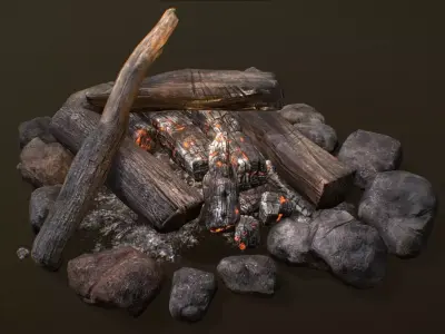 The Bonfire fire pit with logs and rocks Low-poly 3D model
