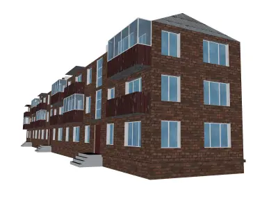  brick 3-storey apartment building Low-poly 3D model