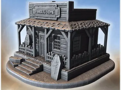 Funeral home with wooden coffins porch columns picket fence and  3D print model