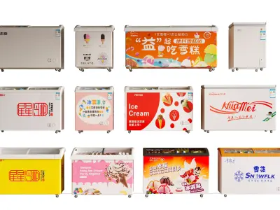 Ice cream freezer with curved glass doors 3D model 3D model