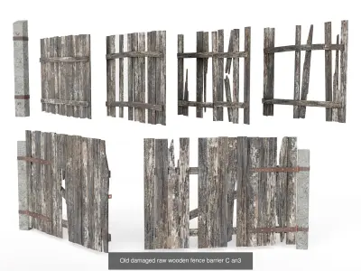 Old damaged raw wooden fence barrier collection da1 3D Model Pack