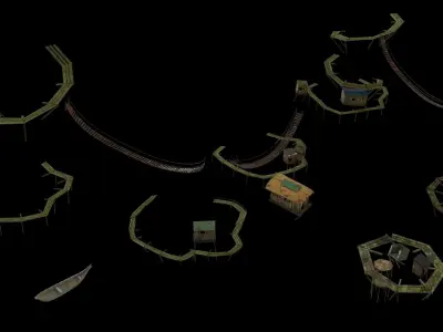 old wooden stylized building props low poly collection Low-poly 3D model